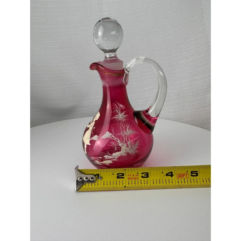 Vintage Mary Gregory Style Cranberry Glass Decanter Pink Enamel Girl 7.5in Good